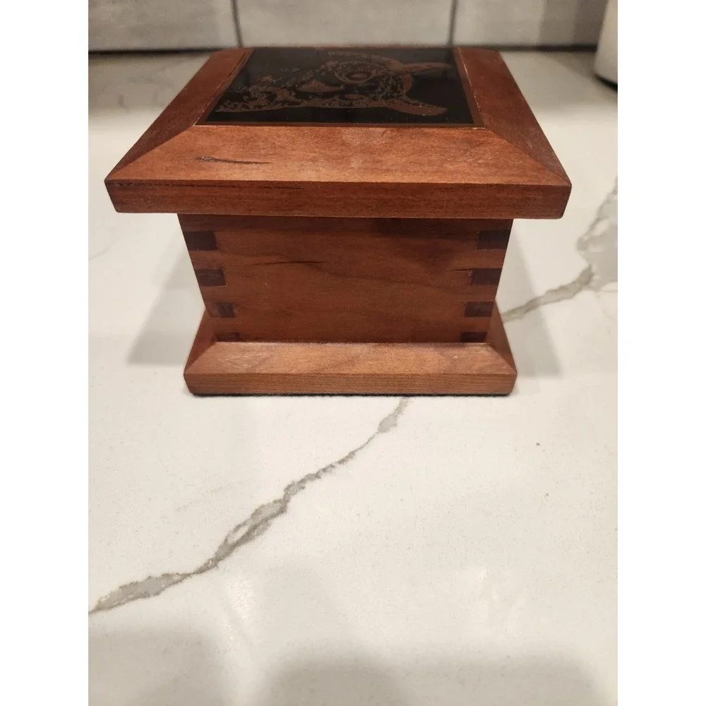 Hand Made Wood Lidded Trinket  Jewelry Box With‎ Copper Etched Horned Owl On Lid